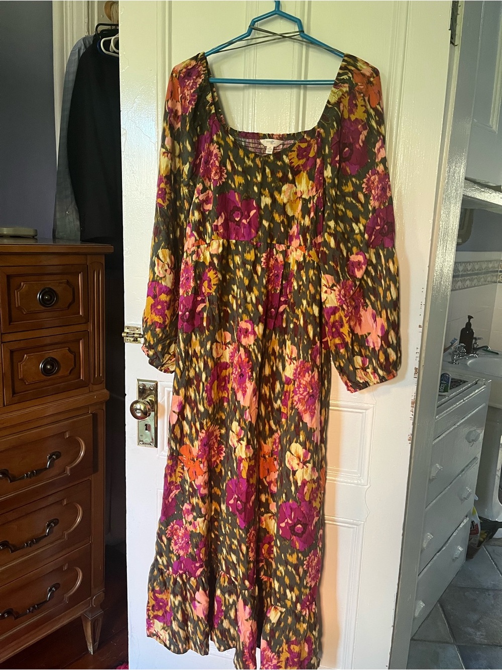 Terra & Sky Olive Maxi Dress with Magenta & Orange Floral Print
